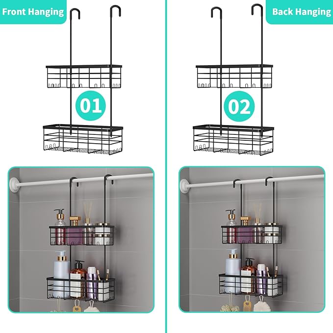 HapiRm Hanging Shower Caddy Organizer - No Drilling Shower Organizer with Hooks, Rustproof & Waterproof 304 Stainless Steel Bathroom Shelves - Black - Image 4