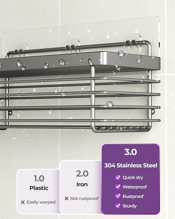 ODesign Shower Caddy 3 Pack SUS304 Stainless Steel-No Drilling-Shower Bathroom Shelves Rack,Rustproof Wall Mounted,Adhesive Shower Shelf Basket Organizer-Grey - Image 2