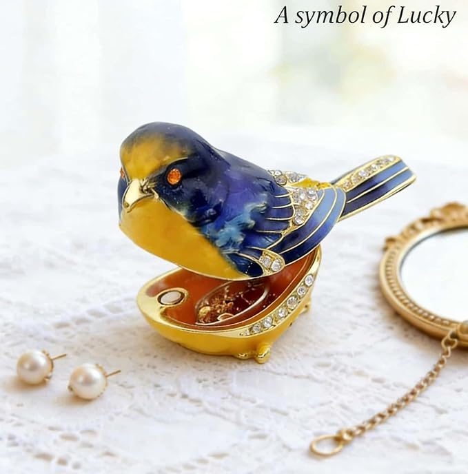 Starling Bird Trinket Boxes Hinged with Crystals Enameled Jewelry Box.Bird Lover Gifts for Women.Necklace Ring Box Earrings Storage.Collectible Bird Figurines Home Decor -Blue Yellow. - Image 7