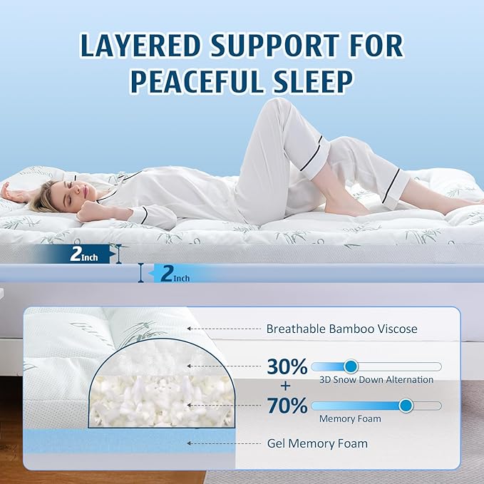 DOWNCOOL Dual Layer 4 Inch Memory Foam Mattress Topper Twin – 2 Inch Gel Memory Foam & 2 Inch Pillow Top Mattress Pad, Soft & Breathable Viscose Made from Bamboo, for Back Pain Relief