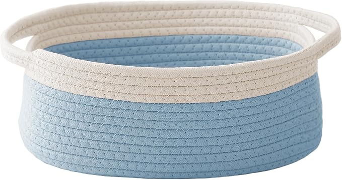 JMvicyroam Woven Basket,Small Rope Storage Bin with Handles & Ribbon Bag, Organizer for Shelves Closets,Gift Basket Empty for Birthday,Books,Dog Toys, White&Blue by JMvicyroam