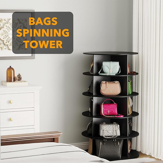 SpaceAid 5 Tier Rotating Shoe Rack Tower, Spinning Shoe Display Lazy Susan, Revolving 360 Shoe Rack Storage Round Carousel, Vertical Handbag Rotate Shoes Closet Organization (5-Tier Black) - Image 5