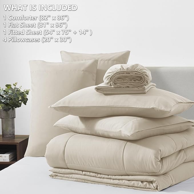 CozyLux Full Size Comforter Sets Oatmeal, 7 Pieces Bed in a Bag, Oatmeal Comforter Full Size, All Season Bedding Sets with Stitch Quilted Comforter, Flat Sheet, Fitted Sheet, Pillowcases