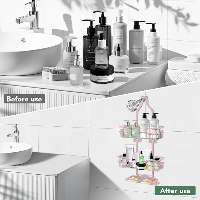 Shower Caddy Hanging, Over Head Shower Caddy Shower Storage Rack Basket with Hooks for Razor and Sponge Rustproof, No Drilling, Accessories for Bathroom and Kitchen, pink - Image 6