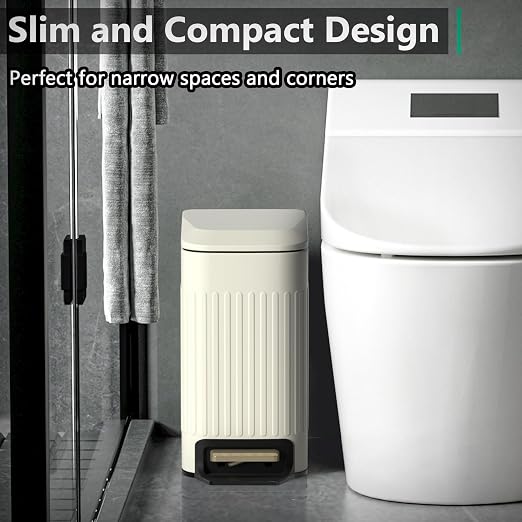 Small Bathroom Trash Can with Lid Soft Close-6L/1.6 Gal Slim Step Garbage Can-Metal Pedal Wastebasket-Narrow Rectangle Garbage Container Bin for Corner Office, Bedroom, Toilet, Live Room-Beige - Image 2