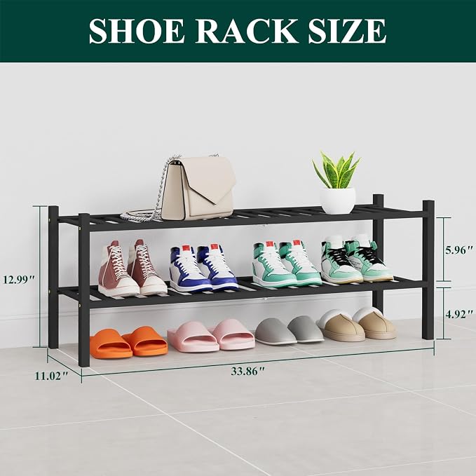 Smiry Shoe Rack, 2 Tier Thick Long Bamboo Shoe Organizer, Stackable Free Standing Wooden Shoe Storage Shelf for Closet, Entryway, Front Door Entrance, Black - Image 2