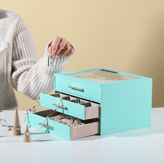 Frebeauty Clear Lid Jewelry Box,3-Layer Jewelry Organizer with Drawer,PU Leather Jewelry Organizers and Storage,Jewelry Boxes for Women,Jewelry Storage for Rings Earring Stud,Gift for Women(Turquoise) - Image 2