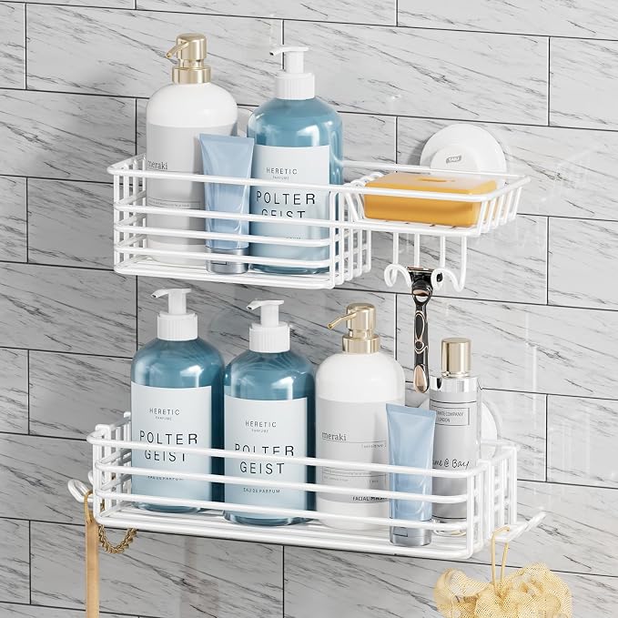 TAILI Shower Caddy Suction Cup 2 Pack with Hooks & Soap Holder, Heavy Duty Shower Organizer for Bathroom, No Drilling Bathroom Organizer with Large Capacity, Metal Storage Holder-White by TAILI