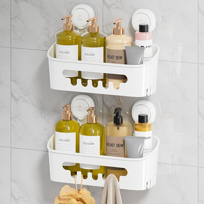 LEVERLOC Shower Caddy Suction Cup 2 Pack, Shower Organizer Removable Bathroom Shelf, Storage Suction Powerful Max Hold 22lbs Bathroom Caddy Waterproof Holder, White by LEVERLOC