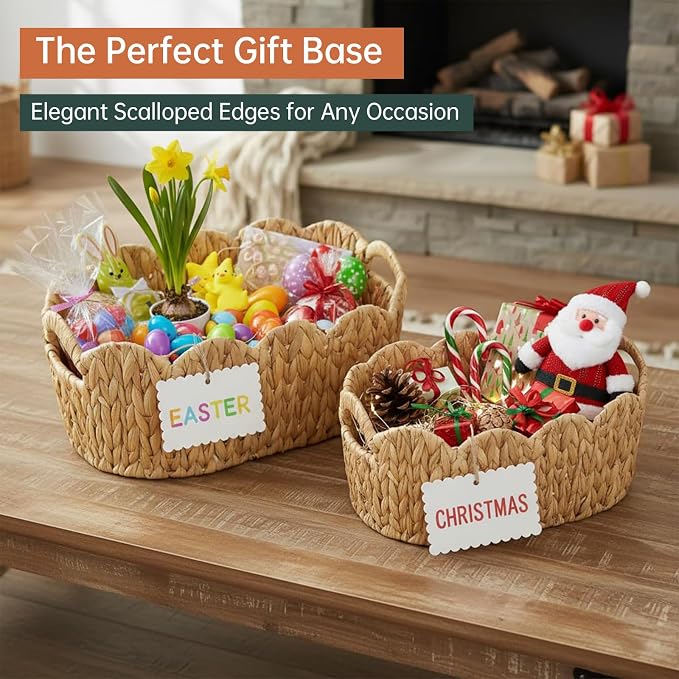 Coeusy Scalloped Basket Set of 2,Water Hyacinth Basket for Organizing and Decor,Hand-Woven Wicker Storage Baskets with Built-In Handles for Nursery,Gift,Laundry - Image 2