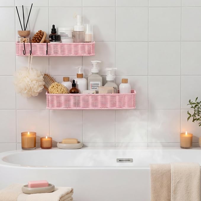 GRANNY SAYS 2 Pack Wicker Shower Caddy Hanging, Shower Shelf for Inside Showers, Adhesive Shelves for Bathroom Organizers and Storage, Bathroom Shelves Wall Mounted with 4 Hooks for Home Decor, Pink - Image 6