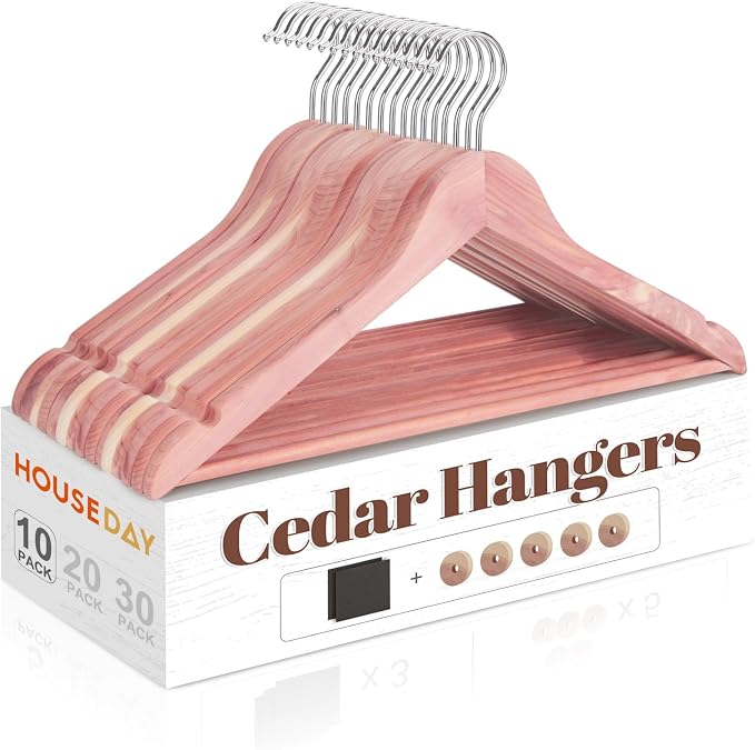 HOUSE DAY Cedar Hangers for Closet, Smooth Cedar Wood Hangers 10 Pack with Rings, 360° Swivel Hook, U-Shape Notched, Non Slip Pant Bar, Sturdy Wooden Clothes Hanger for Coats, Dresses, Suits by HOUSEDAY