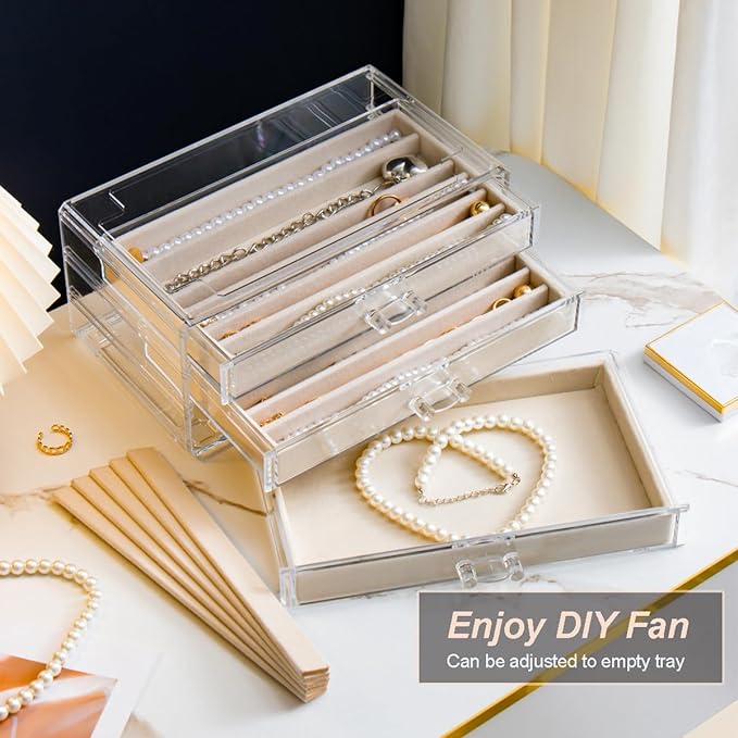 YUFONG Necklace Holder Organizer, Dustproof Necklace Box Velvet Necklace Organizer Box with Lid Clear Acrylic Dustproof Stackable Jewelry Displays for Necklaces Chain Display (Beige, 3 Drawer) - Image 3