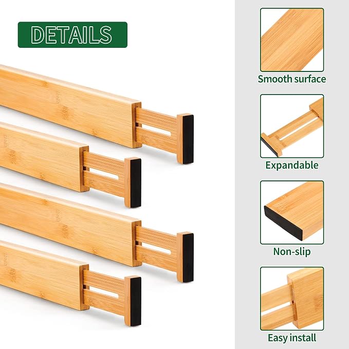 Utoplike 4 pcs Bamboo Kitchen Drawer Dividers Large, Adjustable Drawer Organizers, Spring Loaded, Expandable Organization Works in Kitchen, Dresser, Bathroom, Bedroom, Drawer, Desk - Image 8
