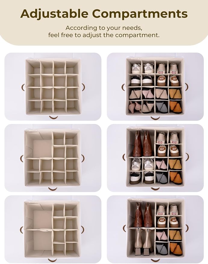 StorageWorks Shoe Organizer for Closet, Fits up to 16 Pairs, Shoe Cubby Storage Containers with Adjustable Dividers and Clear Cover, Brown & White - Image 4
