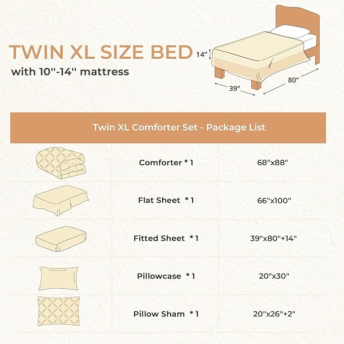Sasttie Twin XL Comforter Set, 5-Piece Bed in a Bag, Pintuck Bedding Sets for All Season, Includes Comforter, Flat Sheet, Fitted Sheet, Pillowcase and Pillowsham, Rose Gold