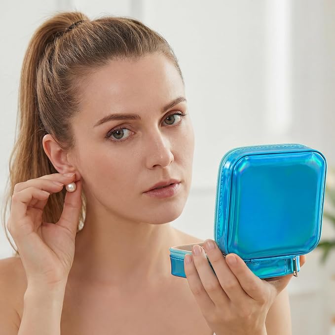 Nosiny 2 Pack Travel Jewelry Case with Mirror Small Laser Jewelry Box Organizer Gifts for Mother's Day Women Rings Earrings(Rose Red and Dark Blue) - Image 5