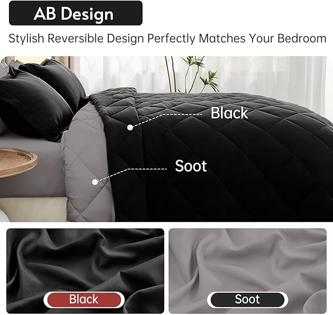 MUXHOMO 5 Pieces Twin XL Comforter Set, Reversible Bed in a Bag Twin XL Size, All Season Bedding Set with Comforter, Flat Sheet, Fitted Sheet, Pillowcases & Shams, Black & Soot