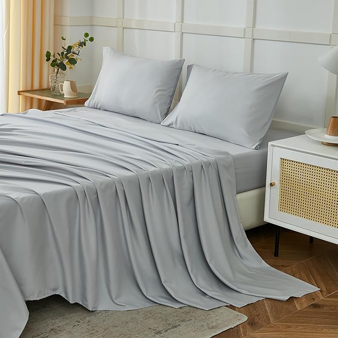 ILAVANDE King Size Sheets Set, 4 Piece Hotel Luxury Super Soft 1800 Series Microfiber Grey Bed Sheets King Set-Wrinkle Free & Breathable-14 Deep Pocket Sheets for King Size Bed(King,Light Grey)