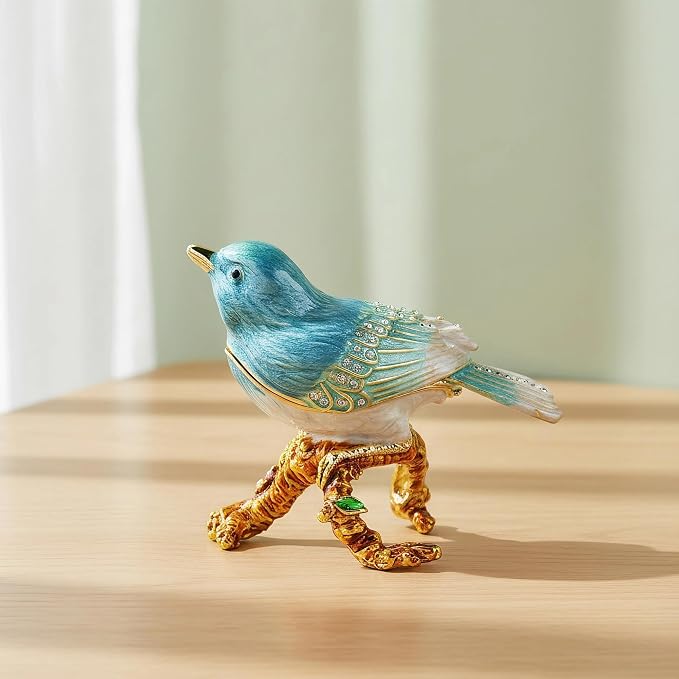 YU FENG Enamel Bird Trinket Box Jewelry Organizer, Hand Painted Decorative Hinged Keepsake Box – Blue Green Perched Bird - Image 3