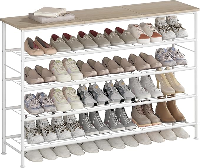 SUOERNUO Shoe Rack Organizer 5 Tier for Closet Entryway Free Standing Metal Storage Shoe Shelf with MDF Top Board (White+Oak, Large 5 Tier) by SUOERNUO