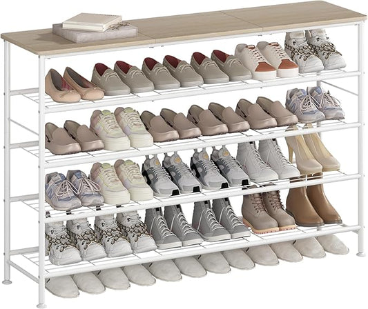SUOERNUO Shoe Rack Organizer 5 Tier for Closet Entryway Free Standing Metal Storage Shoe Shelf with MDF Top Board (White+Oak, Large 5 Tier) by SUOERNUO