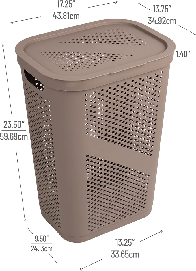 Mind Reader 60L Slim Laundry Hamper, Clothes Basket, Lid, Ventilated, Plastic, Set of 2, Tan - Image 3