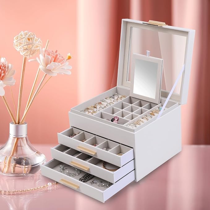 BOOVO Clear Lid Jewelry Box,4 Layers Jewelry Organizer Large Jewelry Storage Box with 3 Drawers,Jewelry Holder Organzier of Rings Earrings Necklace Bracelets for Women (White, 4 Layer) - Image 6