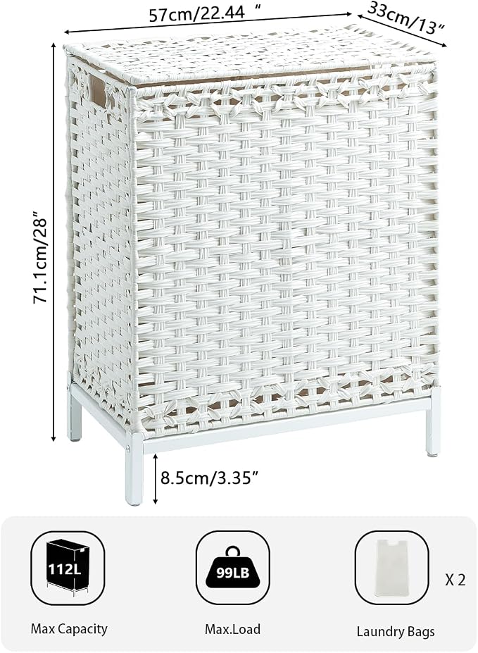 SETVSON Laundry Hamper with Lid,112 L Handwoven Rattan Wicker Laundry Basket, 2 Removable Liner Bags Metal Heightened Feet,6 Mesh Bags,2 Section Large Clothes Hamper for Bathroom Bedroom, Cloud White - Image 2