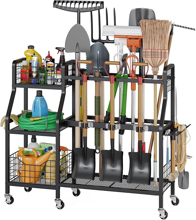 keomaisyto Garden Tool Organizer with 6 Wheels(3 lockable), Heavy Duty Yard Tool organizer with 2 Basket, Large Metal Garage Tool Organization and Storage for Garage/Shed/Yard/Broom Closet/Lawn by keomaisyto