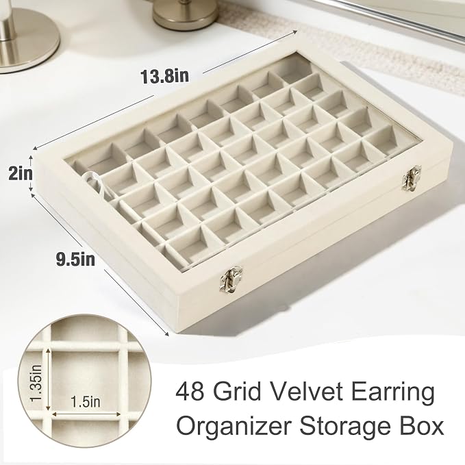 Velvet Jewelry Organizer Storage Tray, 48 Grid Adjustable Earring Holder Organizer with Clear Lid, Jewelry Display Box for Earrings, Rings, Necklaces and Studs, Gift for Women and Girls - Image 2