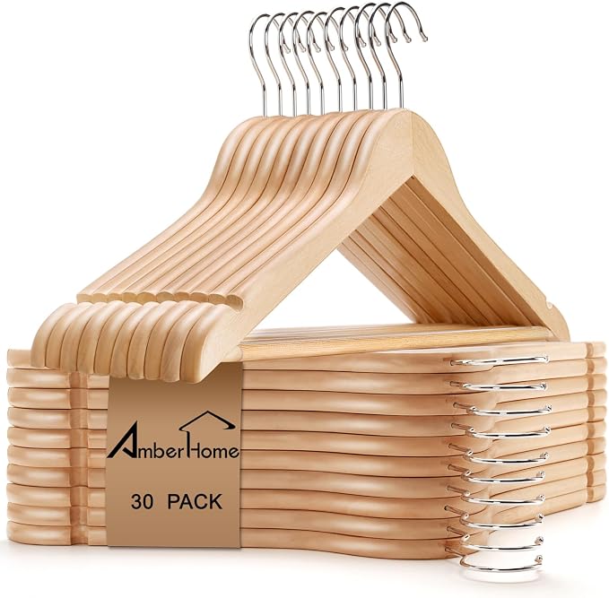 Amber Home 30 Pack Wooden Coat Hangers, Natural Wood Suit Hangers with Non-Slip Pant Bar, Clothes Hangers for Closet Organization, Shirts, Jackets, Dresses, and Pants (Natural, 30) by AmberHome