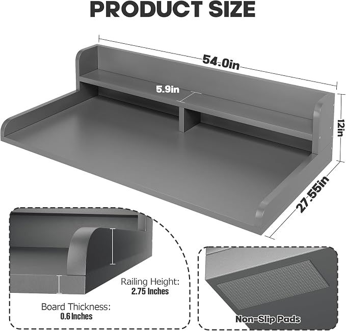 2-Tier Washer Dryer Countertop with 2.75"H Edge Rails, 54" W x 27.55" D Laundry Countertop for Folding Clothes, Washer and Dryer Topper with Non-Slip Pad (Gray) - Image 7