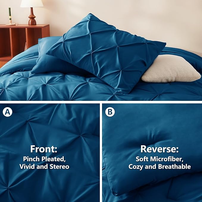 CozyLux Queen Comforter Set Teal, 7 Pieces Pintuck Bed in A Bag, Premium Teal Comforter Queen Size, Pinch Pleat Bedding Sets with Comforter, Sheets, Pillowcases & Shams
