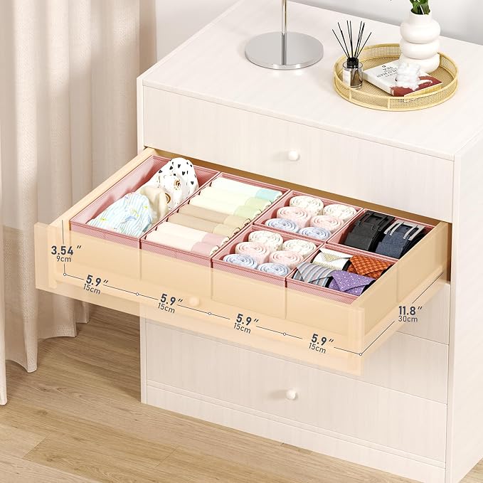 DIMJ Drawer Organizers Clothes, Set of 16 Dresser Organizer Bins, Fabric Closet Organizers and Storage, Shallow Drawer Dividers for Nursery, Clothing, Baby Clothes, Socks, Underwears, Tie (Pink) - Image 2