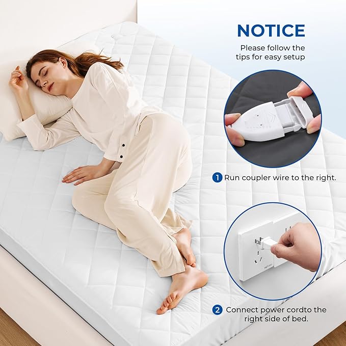 Heated Mattress Pad California King Quilted Zone Heating Electric Bed Warmer Comfort Heat Mattress Pad Cover Dual Controller（10 Heat Setting | 1-12 Hours Auto Shut Off | with 8-21 Inch Deep Pocket）