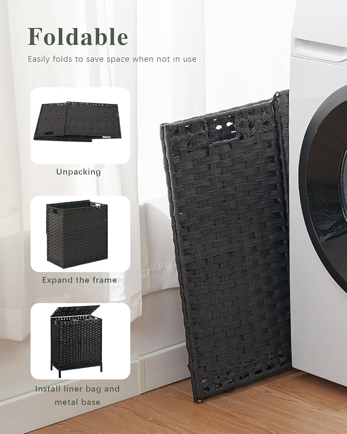 SETVSON Laundry Hamper with Lid, 112 L Handwoven Rattan Wicker Laundry Basket, 2 Removable Liner Bags Metal Heightened Feet, 6 Mesh Bags, 2 Section Large Clothes Hamper for Bathroom Bedroom, Black - Image 6