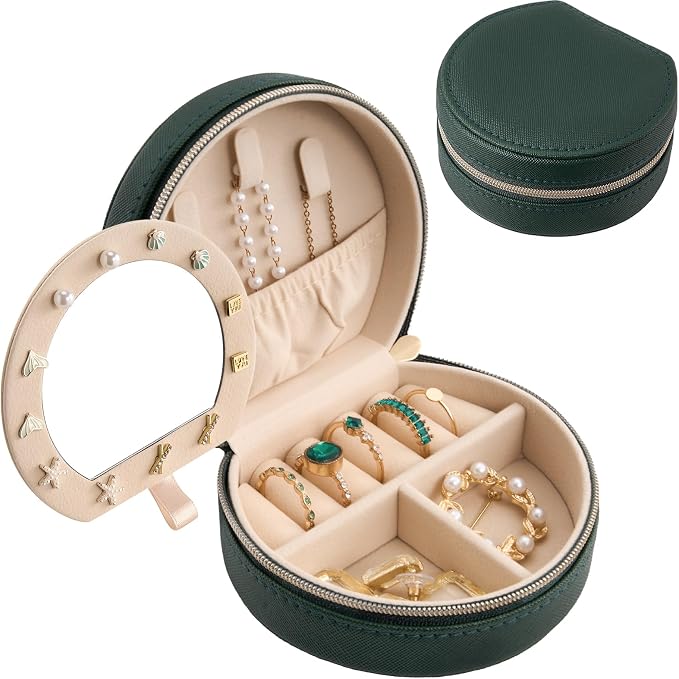 ProCase Travel Size Jewelry Box, Mini Portable Seashell-Shaped Jewelry Case with Mirror, 2 Layer Organizer in PU Leather for Women -Emerald by ProCase