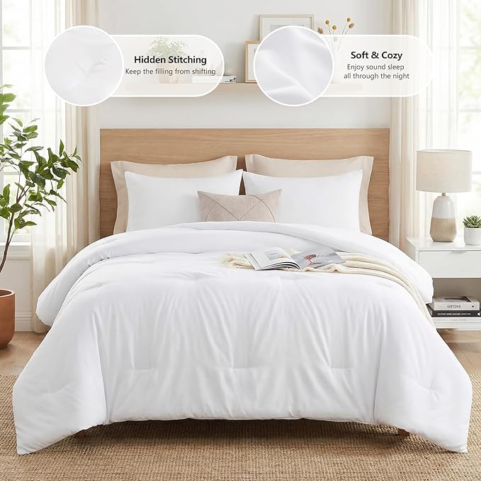 CozyLux King Size Comforter Set White, 3 Pieces Solid Comforters King Size Breathable Quilted Bedding Sets, Luxury Soft Lightweight Bed Set with Down Alternative Comforter and 2 Pillowcases All Season