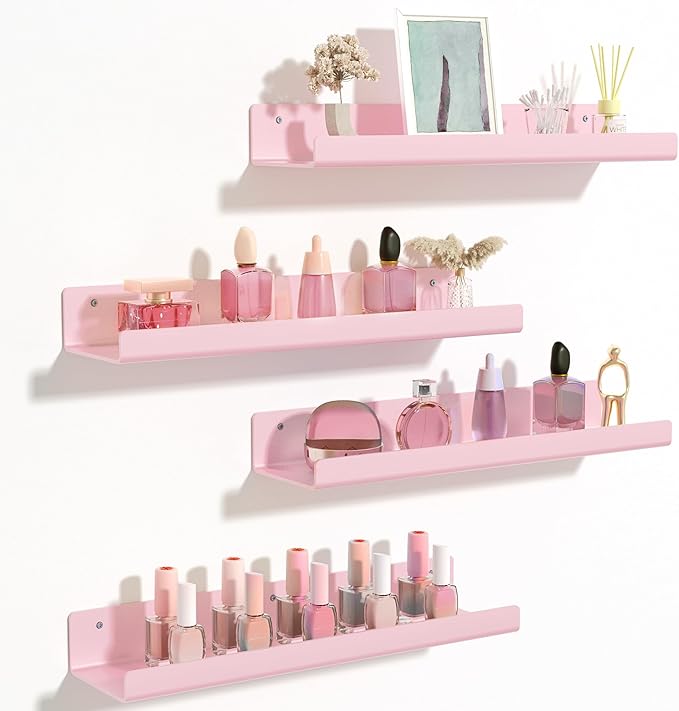 upsimples Acrylic Shelves for Wall Decor, 15" Display Shelf Perfume Organizer for Bathroom, Bedroom, Living Room, Floating Bookshelves for Kids, Pink, 4 Pack by upsimples