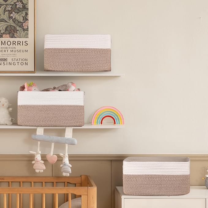 4 Pack Storage Baskets for Organizing, Woven Baskets for Shelves - Perfect for Toys, Books, Towels, and Clothes, Durable Gift Basket Bins Toy Storage, 15.7''Lx11.8''Wx7.8''H, Brown & White - Image 5