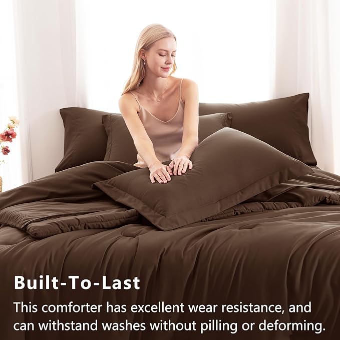CozyLux Queen Comforter Set Brown, 7 Pieces Bed in a Bag Queen Comforter Set with Sheets, Luxury Soft Bedding Sets with Down Alternative Comforter, Fitted Sheet, Flat Sheet, Pillowcases & Shams