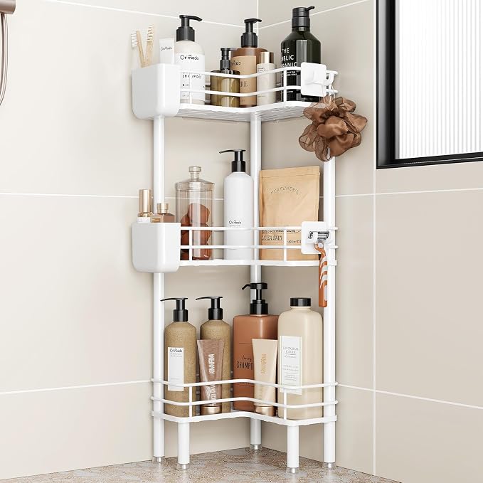 Orimade Rustproof 3 Tier Floor Standing Corner Shower Caddy Organizer with Toothbrush Holder, Large Spacing Floor Shower Shelf Rack Storage Stands with Hooks for Bathroom Kitchen, White by Orimade