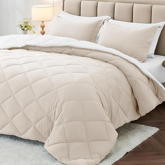 MUXHOMO 5 Pieces Twin XL Comforter Set, Reversible Bed in a Bag Twin XL Size, All Season Bedding Set with Comforter, Flat Sheet, Fitted Sheet, Pillowcases & Shams, Beige & White