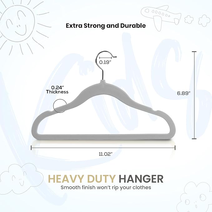 Utopia Home Kids Velvet Hangers 20 Pack – 11 Inch Non-Slip Baby Hangers for Baby and Toddlers, Durable Ultra-Slim Space-Saving Closet Organizers (Grey) - Image 2