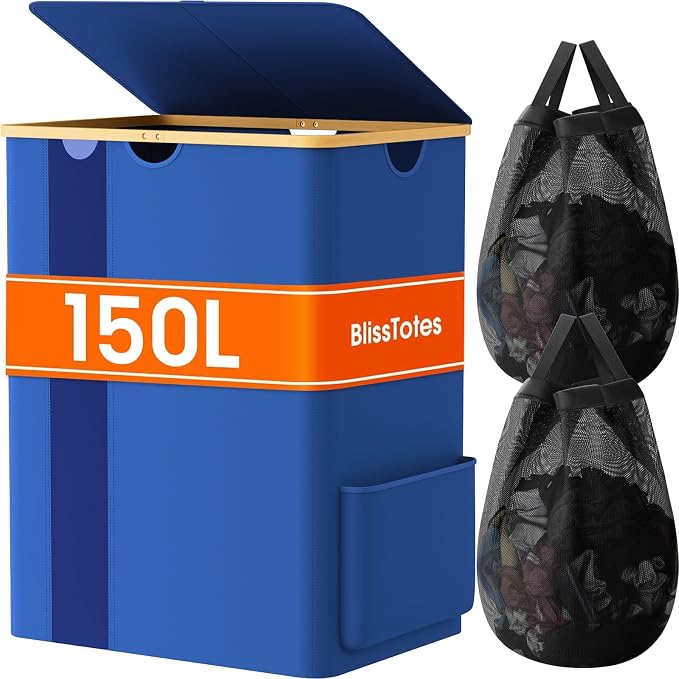 BlissTotes Laundry Basket with Lid, 150L Clothes Laundry Hamper with Handles and 2 Removable Laundry Bag, Breathable Design Hamper with Lid for Bedroom, Bathroom, Dorm, Laundry Room - Blue by BlissTotes
