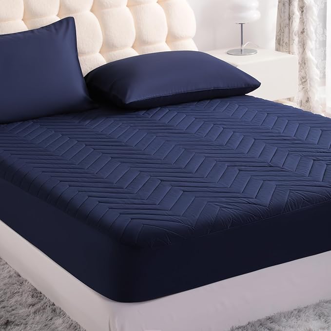 NTBAY Waterproof Mattress Protector, Quilted California King Fitted Mattress Cover with 15" Deep Pocket- Machine Washable - Soft and Breathable Mattress Pad Cover, Navy Blue