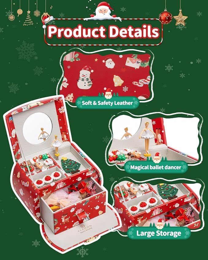 VLANDO Kids Musical Jewelry Box for Girls with Drawer, Music Box with Ballerina and Stickers for Birthday Bedroom Decor, Holidays Gifts for Girls Kids - Christmas Green - Image 3