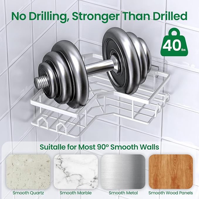 Adhesive Shower Caddy, 2 Pack Corner Bath Organizer, Rustproof Stainless Steel Shower Shelves with Large Capacity, No Drilling Shelves for Bathroom Storage, Home, Kitchen Décor (White). - Image 3