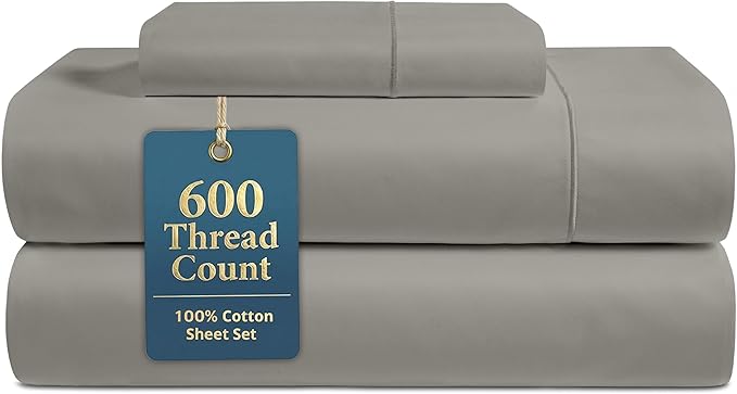 LANE LINEN Twin XL Sheets Set - 600 Thread Count Sateen Weave for Hotel Quality Softness - Extra Soft & Breathable 100% Cotton Sheets for a Luxury Experience - Fits Mattresses Upto 15'' Deep - Silver
